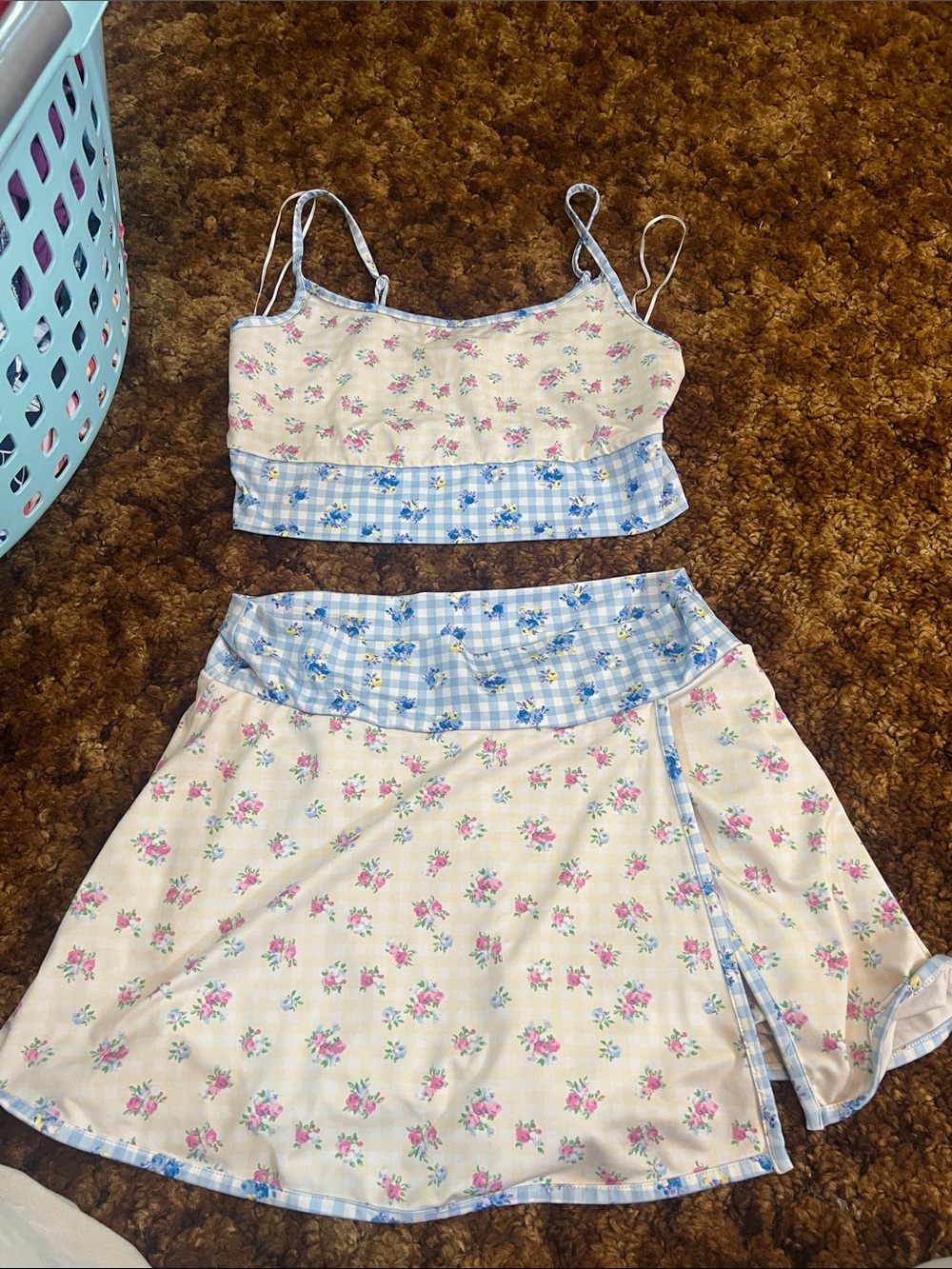 Floral Cream & Blue Gingham Wrap Skirt skort Set - Women's Two-Piece
